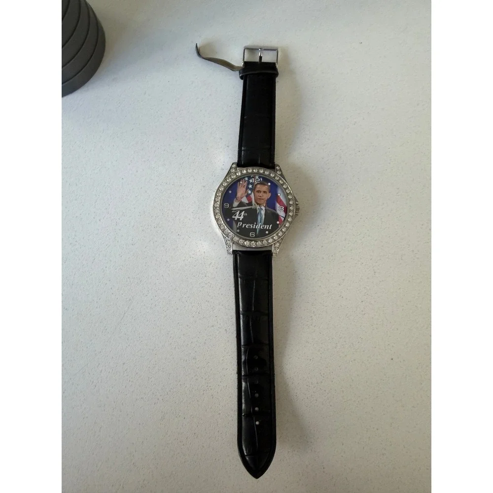 Barack Obama 44th President Commemorative Watch Rhinestone Bezel Black Leather